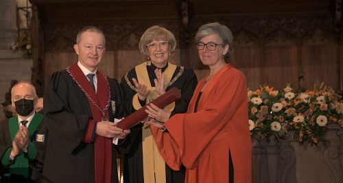 Gabriella Karger receiving the honorary doctorate from the University of Basel